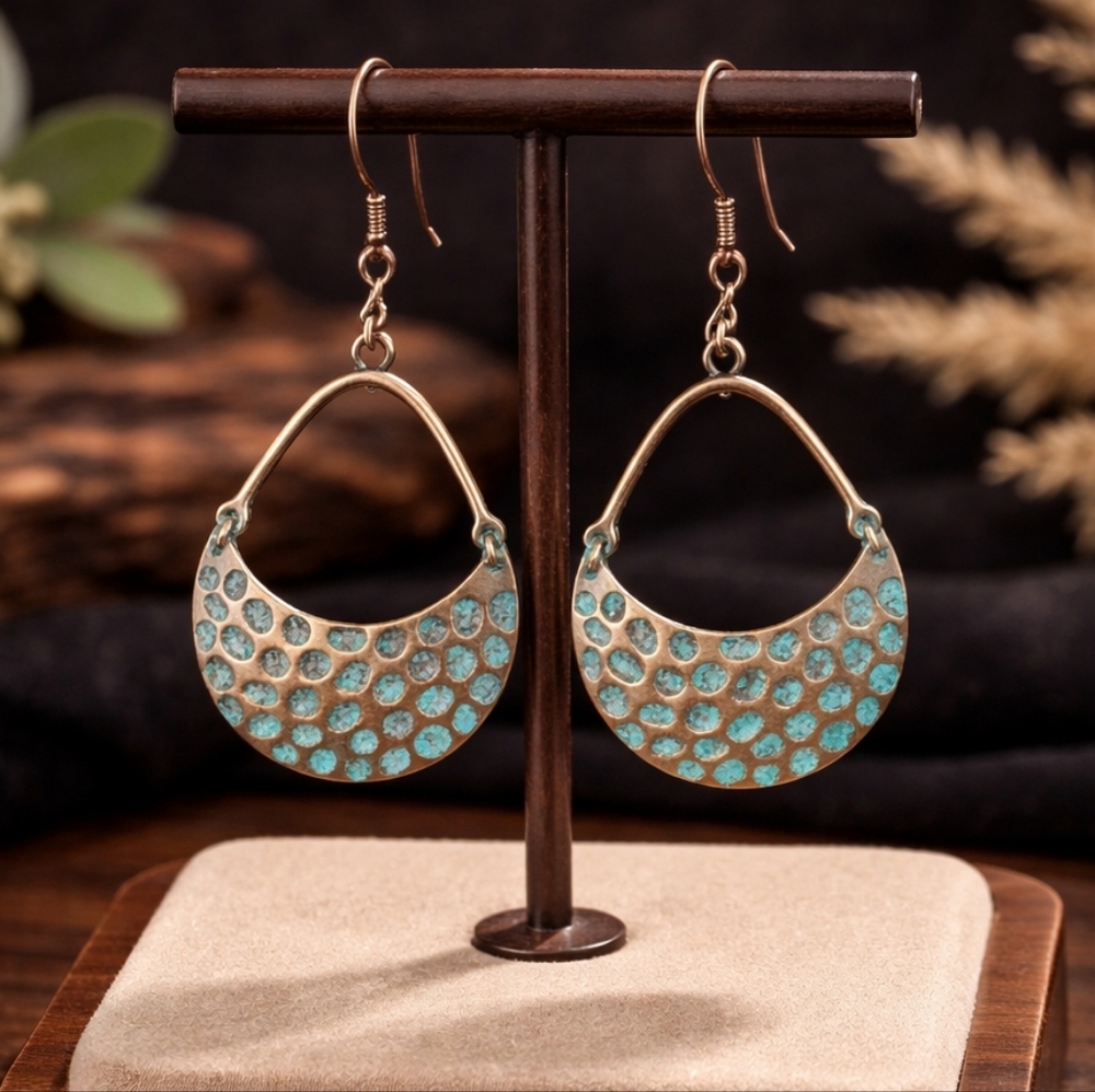 Boho Drop Basket Hammered Copper with Verdigris Patina Drop Earrings 2.5"